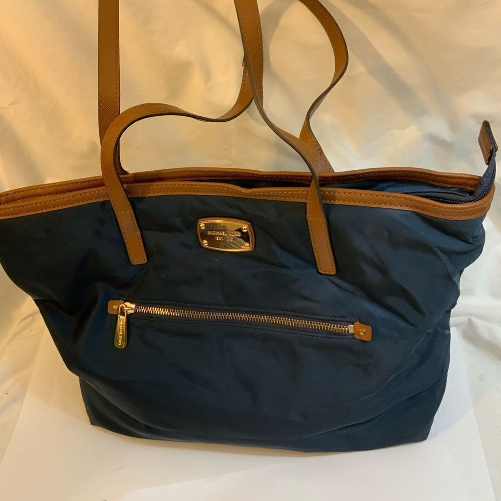 Michael Kors MK Kempton Blue Nylon Saffiano Large Leather Satchel Tote Bag